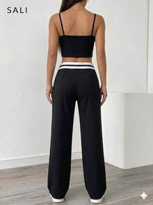 Conjunto para Mujer Pantalón Pierna Recta y Top Strapless con Cintas Decorativas. - Negro - Ver 3