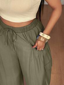 Maweii Plus Size Women Waist Tie Loose Wide Leg Cargo Pants - Army Green - View 7