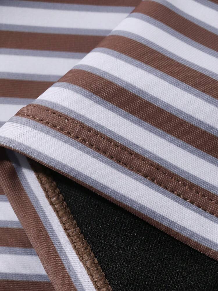 Dazy Plus Plus Size Women's Halter Tie Striped Fabric Backless Sexy Casual Beach 2-Piece Swimwear Set, Spring/Summer