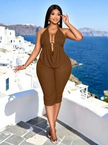 SOLERSUN Women's Plus-Size Chocolate Brown 2 Pcs Halter Top And Six-Inch Pants,Summer Night Out Club Vacation Holiday Beach Knitted Scoop-Neck Clothing - Brown - View 1