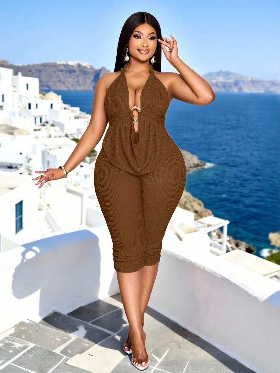 SOLERSUN Women's Plus-Size Chocolate Brown 2 Pcs Halter Top And Six-Inch Pants,Summer Night Out Club Vacation Holiday Beach Knitted Scoop-Neck Clothing - Brown - View 1
