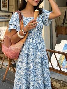 Selianne Vintage Blue Floral Print Off The Shoulder Midi Dress,Puff Short Sleeve Elastic High Waist Flowy A Line Swing Dress Women Summer Beach Vacation Outfit - Baby Blue - View 6