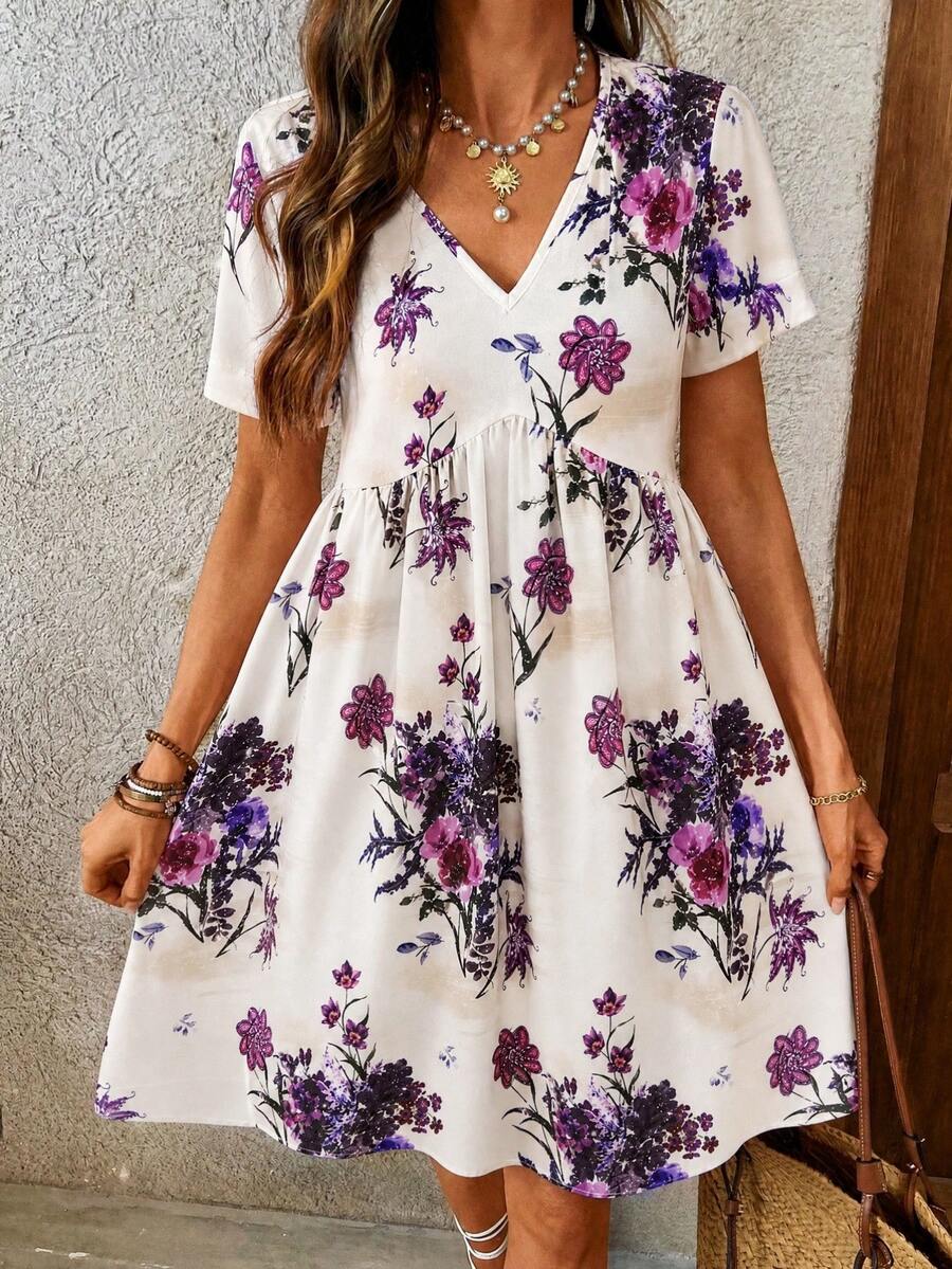 EMERY ROSE Women's Floral Print V-Neck Casual Boho Short Sleeve Mini Dress, Summer,Dresses For Women Summer Vacation White Flower - Multicolor - View 1