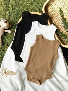 SHEIN Vintaside Kids 3件組嬰兒夏季休閒套裝 背心連身衣 柔軟棉質面料 棕色系 白色 黑色 混色灰 基礎款 親子穿搭 - 彩色 - 查看 2