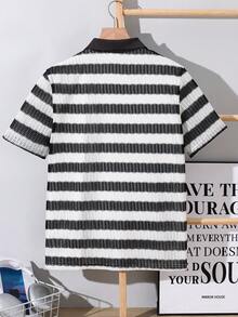 SHEIN 条纹钩针编织青少年男童休闲衬衫，舒适时尚，百搭实用，适合海滩度假、上学、日常穿着以及春夏季节。 - 彩色 - 查看 3