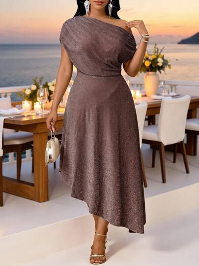 Fleurora Spring And Summer Elegant Party Wedding Cocktail Party Concert/Music Festival Khaki Sparkly Knitted One-Shoulder Asymmetrical Midi Short Sleeve Plus Size Dresses  Plus Size Women's Shiny Ruched Asymmetric Neck Party Dress Shiny Dress Formal Dress Formal Dresses For Women Elegant Dresses For Women Elegant Dresses Elegant Dresses For Ladies Birthday Dress Birthday Dresses For Women Birthday Outfits For Women Going Out Outfits Prom Dress Prom Dresses Wedding Guest Dress For Women Wedding Guest Party Dress Party Dresses Elegant Party Dresses Party Dresses For Women Festival Outfits For Women Festival Dresses Festival Outfits