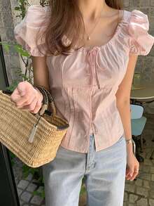 DAZY Women/Girls' Korean Style Tie-Up Short Sleeve Blouse, Spring/Summer Petite - Pink - View 9