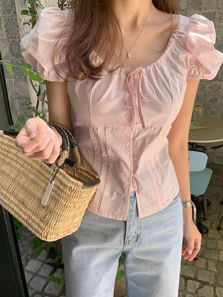 Women/Girls' Korean Style Tie-Up Short Sleeve Blouse, Spring/Summer