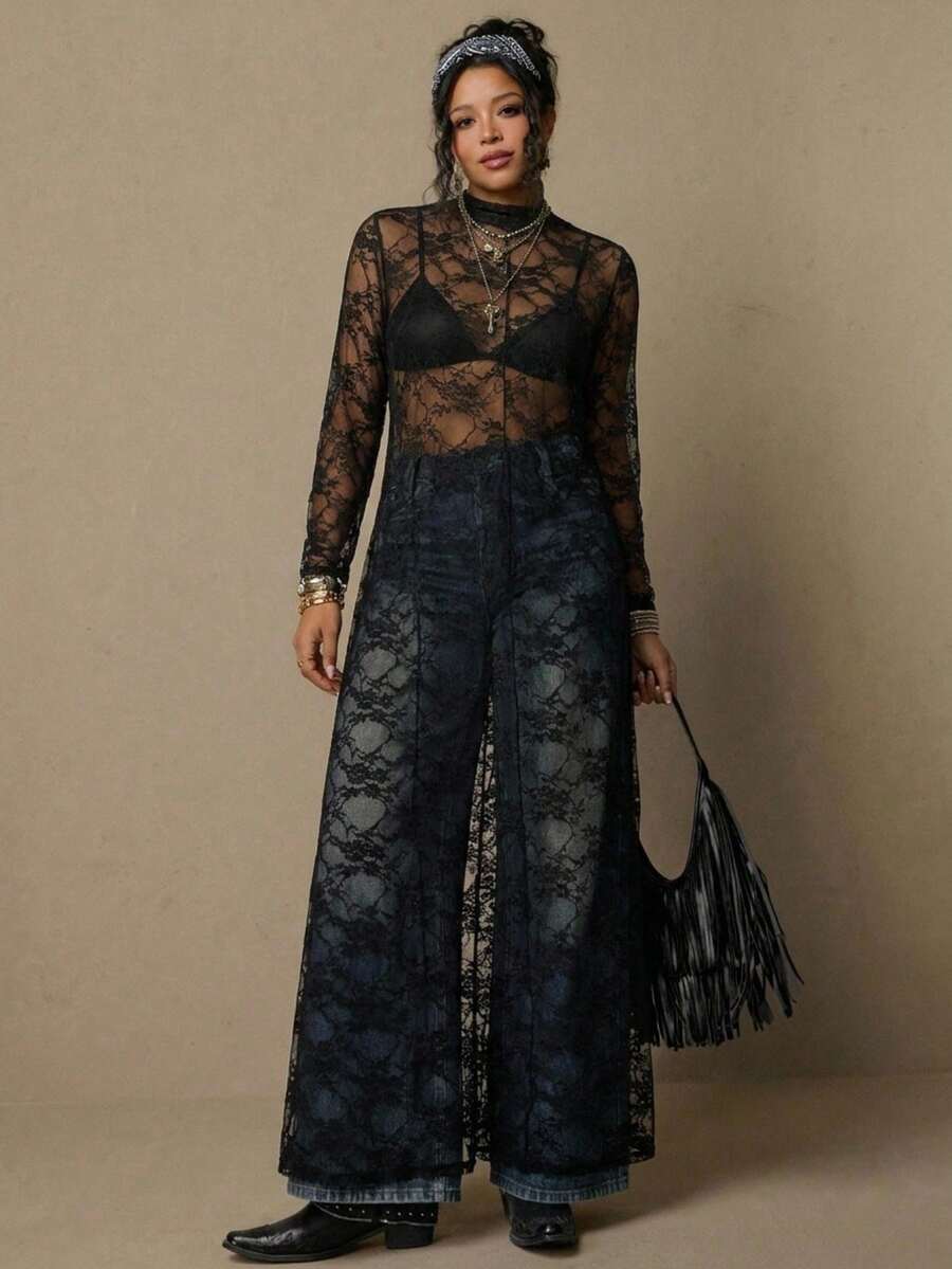 Freevana 大码女式高领透视黑色蕾丝针织弹力连衣裙，长袖优雅套装，适合波西米亚音乐节、日常穿着、春夏穿着 - 黑色 - 查看 1