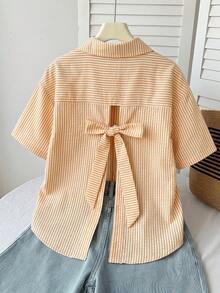 SHEIN Young Girl Casual Comfortable Striped Lapel Open Front Loose Short Sleeve Hollow Back Woven Shirt - Yellow - View 2