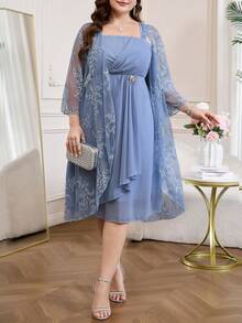 Reflora Conjunto elegante de bata y vestido de malla bordada para mujer de talla grande - Azul - Ver 8