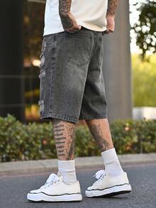 Devon Thys Men's Casual Distressed Straight Leg Denim Shorts, Dark Grey, Street Style For Spring/Summer - Dark Grey - View 6