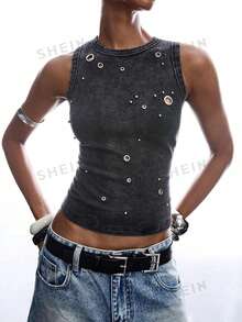 LYSMO Plus Size Casual Minimalist Y2K Style Washed Sleeveless Top - Dark Grey - View 10