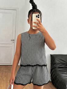 SHEIN 少女T恤套装，休闲纯色荷叶边刺绣花卉无袖上衣和短裤两件套，夏季假日日常基本款 - 黑與白 - 查看 2