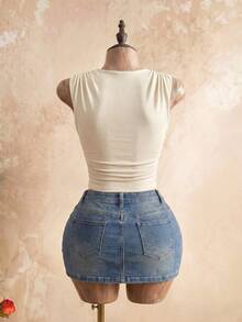 Femesol Women's Summer Solid Color Crew Neck Pleated Fitted Camisole - Beige - View 3