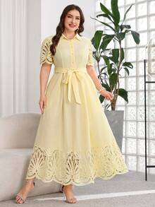 SHEIN Clasi Plus Size Women's Navy Blue Striped Lapel Short Sleeve A-Line Work Commute Dress - Pale Yellow - View 4