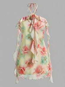 Skyraze Women's Floral Print Decorative Floral Sleeveless Mini Dress, Suitable For Vacation - Light Yellow - View 2