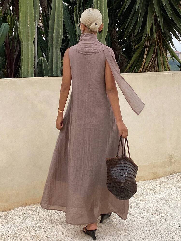 Women's Solid Color Loose A-Line Dress, V-Neck Sleeveless Elegant Summer Vacation Dress