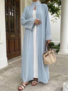 Solavon Women's Elegant Solid Color Beaded Decor Stand Collar Arabic Abaya, Modest Robe - Blue - View 4