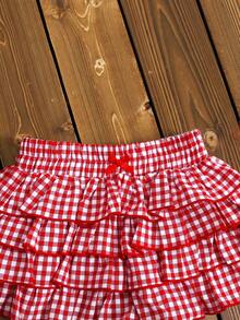 Set 2pcs/Set Kaos Kasual Rajut Warna Polos Kerah Bulat dan Celana Pendek Kotak-kotak untuk Anak Perempuan, - Merah - View 2