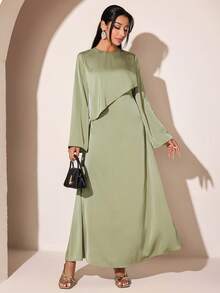 Veilorie Women's Solid Color Round Neck Long Sleeve Elegant Dress - Green - View 7