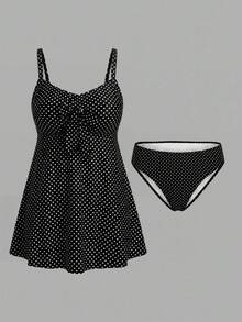 Sweetra CURVE Summer Beach Plus Size Polka Dot Knot Front Swim Dress Vacation Black - Black - View 1