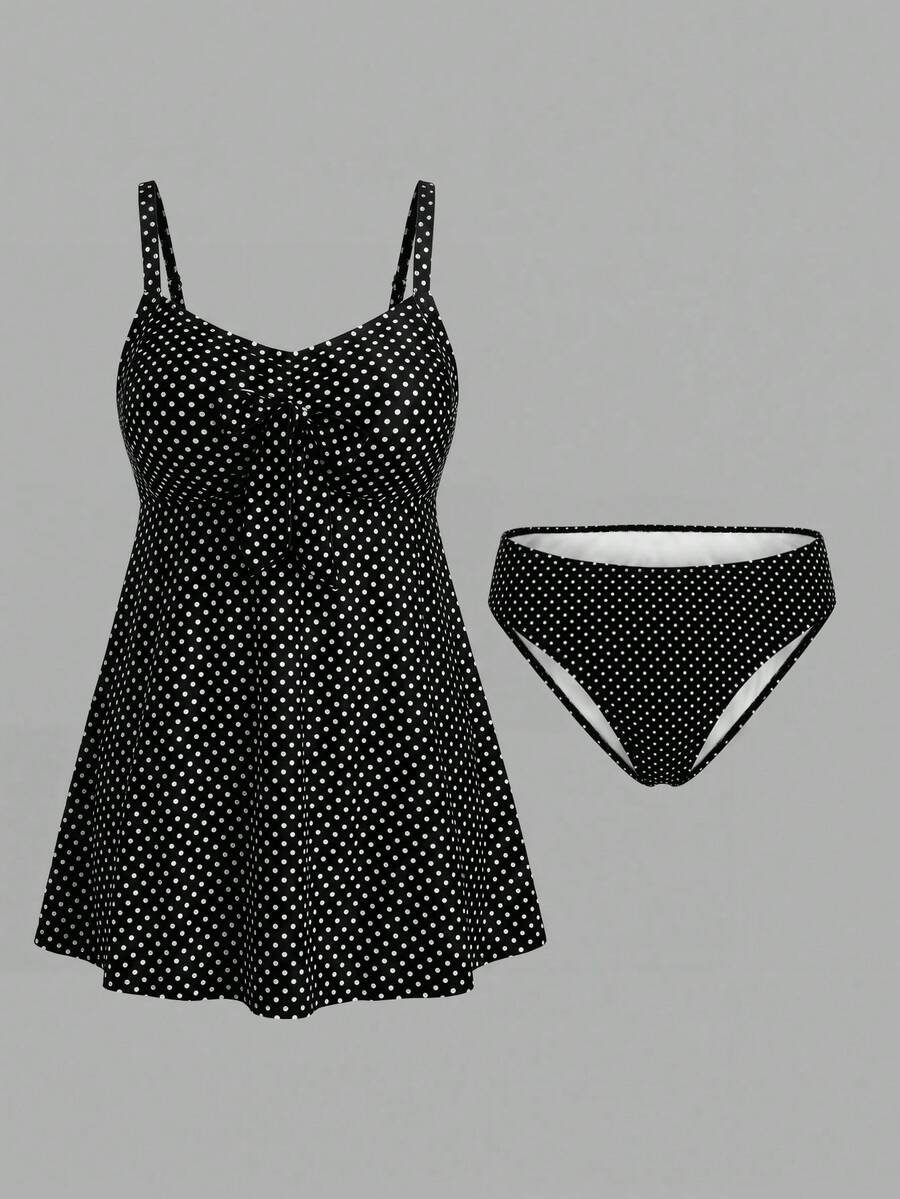 Sweetra CURVE Summer Beach Plus Size Polka Dot Knot Front Swim Dress Vacation Black - Black - View 1