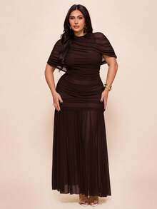 SHEIN BAE Plus Size Women's Green Extra Long Wrap Style Dress, Vacation Dress - Coffee Brown - View 4