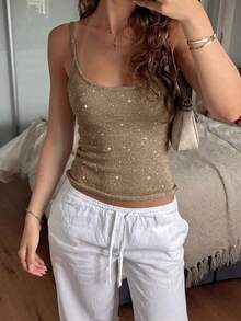 Selianne Áo tank top hai dây cho nữ, áo camisole ôm sát, bóng bẩy, gợi cảm cho mùa hè/hè, thích hợp cho các lễ hội âm nhạc, kỳ nghỉ biển, áo khoác ngoài dệt kim phối màu trơn cho các buổi hẹn hò tối và kỳ nghỉ. - màu nâu - Xem 8