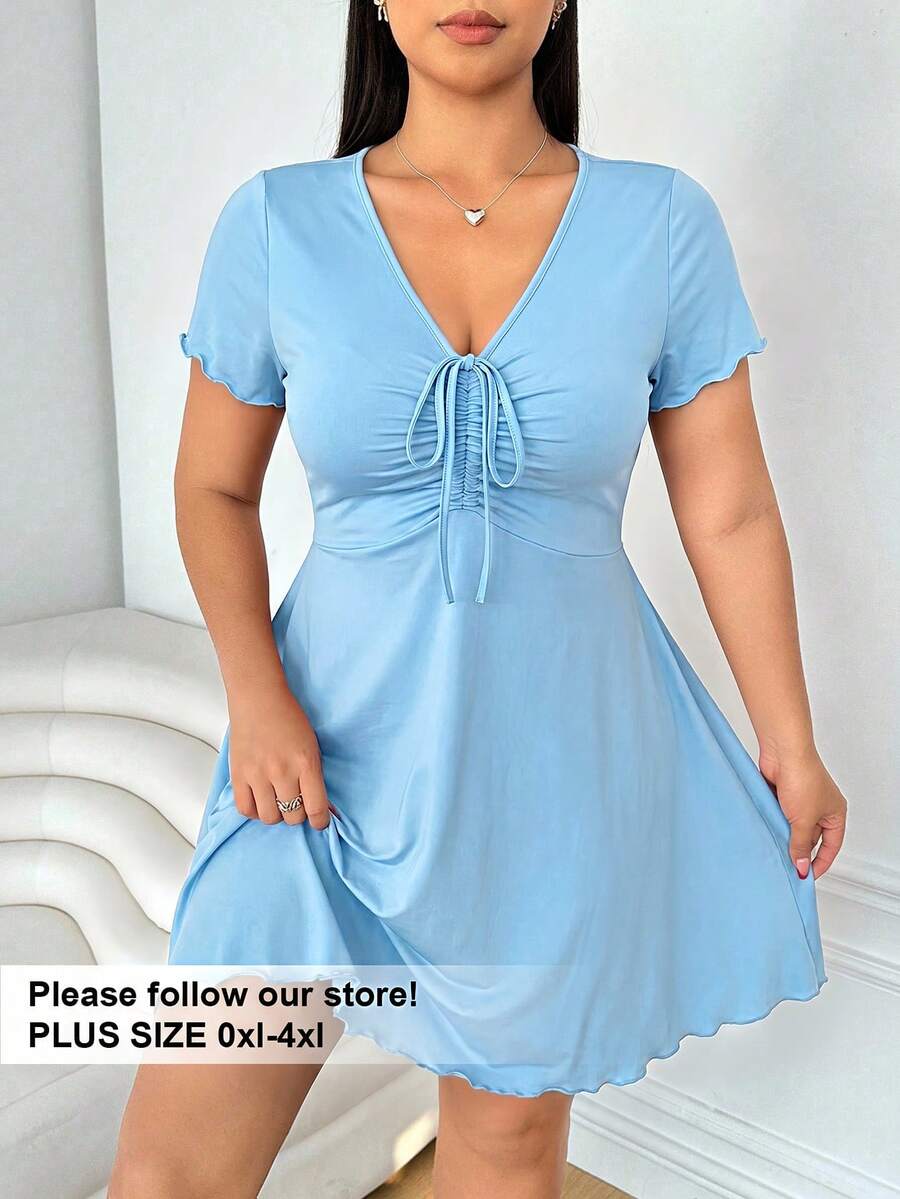 Solflare Vestido azul con cuello en V y detalle de nudo en la parte delantera para mujer talla grande para el Día de San Valentín - Azul - Ver 1