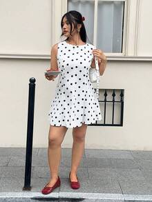 Rivivi Đầm nữ cỡ lớn mùa hè in chấm bi, cổ tròn, không tay, kiểu dáng thường ngày. - Đen và trắng - Xem 7