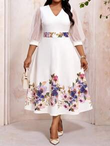 SHEIN Lady Vestido elegante de fiesta de talla grande con estampado floral y parches de malla - Multicolor - Ver 4