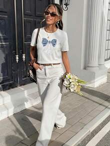 SHEIN Frenchy Áo thun nữ cổ tròn dáng ôm, chất liệu 95% cotton, thiết kế nơ thêu, trang phục thường ngày cho nữ. - Nhiều màu - Xem 2