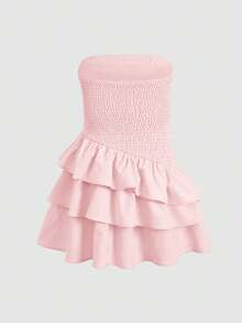 SHEIN Tween Girls' Summer Casual Vacation Minimalist Comfortable Layered Ruffle Trim Tube Top Dress - Pink - View 2