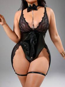 SpicyHot 2pcs Plus Size Sexy Lingerie Bodysuit Set,Sexy Lingerie For Women,Adult,Honeymoon,Hot,Date Night,Lingerie,Playsuit, Lace Sexy Outfit - Black - View 3