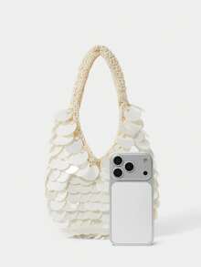 SHECARRY Women's Fashionable Beige Sequined Handbag, Exquisite And Gorgeous Lightweight, Handmade Hook Line Design, Suitable For Daily, Commuting, Dating, Summer, Party, Vacation, Beach, Seaside Matching - White - View 5