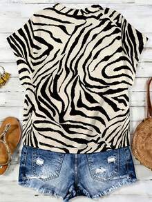 EMERY ROSE Zebra Print Patchwork Striped Pattern Short Sleeve V-Neck Plus Size Shirt Vacation Black Summer Sexy - Multicolor - View 2