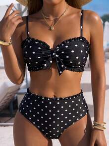 Swim Lushoire Ensemble de bikini à la mode et sexy pour femmes avec imprimé à pois, style influenceur vacances, printemps/été - Noir - Voir 3