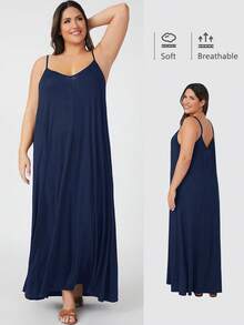 SHEIN BASICS 大码休闲纯色无袖连衣裙，夏季 - 藏蓝色 - 查看 7