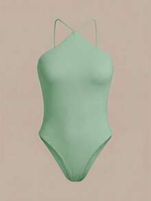 SHEIN BASICS 女士纯色休闲吊带连体衣 - 綠色 - 查看 5