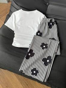 SHEIN Bộ đồ đôi cho bé gái tuổi teen: áo cổ tròn và quần kẻ sọc. - Đen và trắng - Xem 7