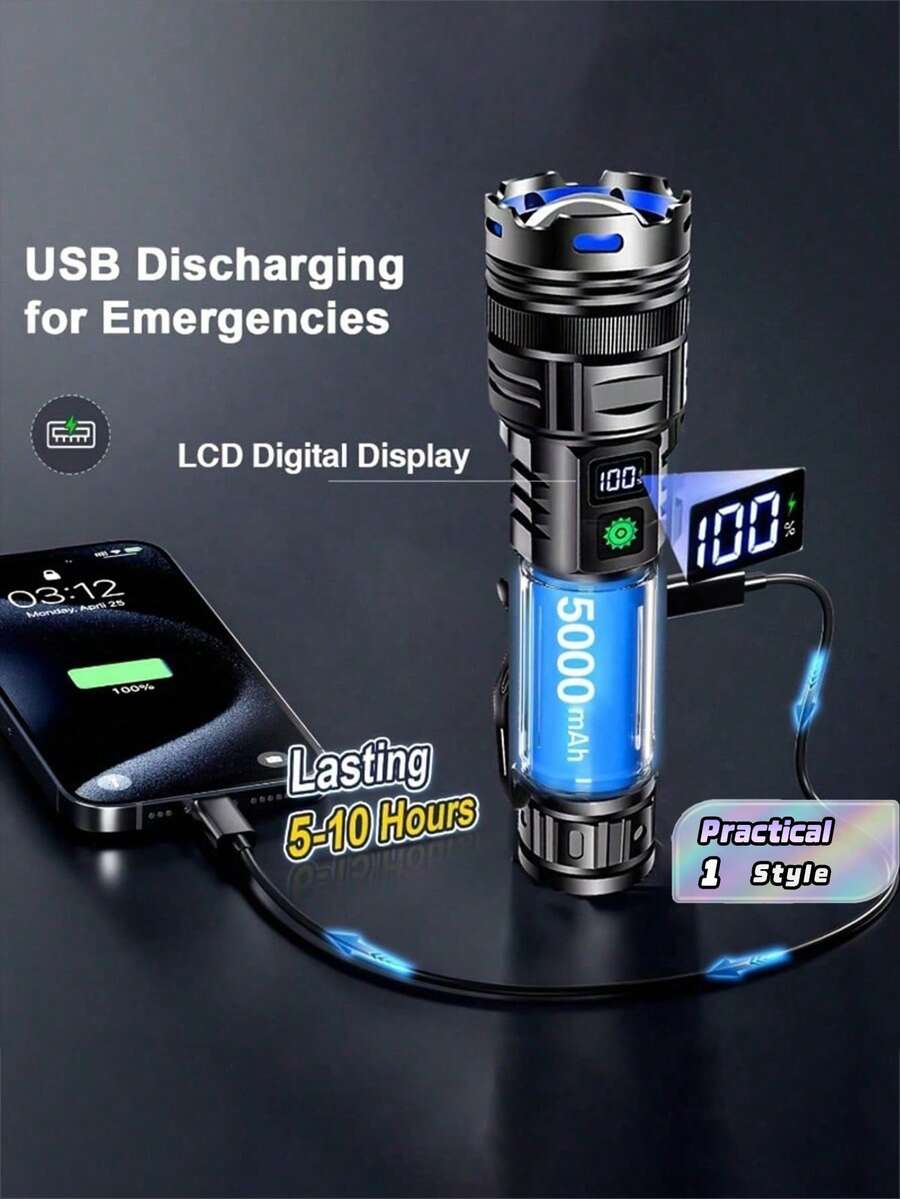 Poslani 高流明可充电手电筒，100000 流明 LED 手电筒 XHP70.2 USB 超亮手电筒，电池供电，强力手持手电筒，适用于紧急情况和露营，IP67 防水 - Upgraded version - 查看 1