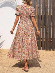 LUNE Vestido de verano de mujer con mangas de pétalos fruncidos, cintura ceñida y estampado floral vintage - Multicolor 2 - Ver 2
