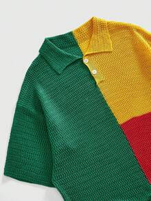 ROMWE MEN Camisa polo de punto con contraste de color retro para hombre, camisa casual de manga corta suelta y texturizada para verano - Multicolor - Ver 3