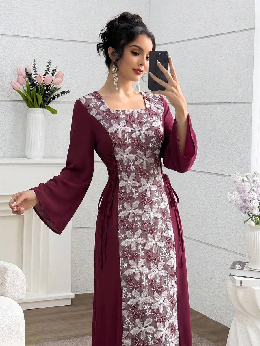 Yasmyna Gaun Musim Semi & Musim Panas Elegan dengan Leher Persegi, Kain Bordir Patchwork, dan Pinggang Ramping untuk Wanita - Burgundy - View 1