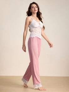 Hourtrue Women's Solid Color Lace Cami Top With Color Block Lace Patchwork Pants Pajama Set Pajamas Set For Womanfor Summer - Pink - View 8