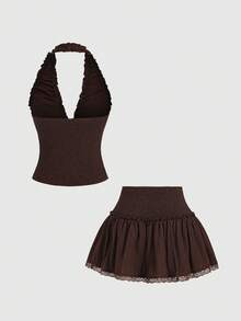 Sweetra Top con dobladillo corto con volantes y encaje estilo romántico preppy, chaqueta con parche de encaje y botones en la cintura, adecuado para uso diario, salidas, playa, primavera/verano/otoño - Marrón - Ver 2