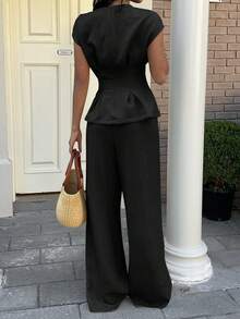 SHEIN EZwear 女士纯色荷叶边修身上衣和纹理阔腿裤两件套通勤套装 - 黑色 - 查看 3