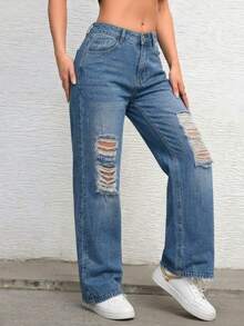 Jean mezclilla corte mom tiro alto recto cierre inferior - Denim Clásico Intenso - Ver 4