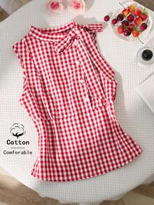 Sweetra Áo kiểu dáng đồng quê Pháp cổ điển, kẻ caro đỏ, thắt nơ, dáng rộng lãng mạn, thích hợp cho mùa xuân ngọt ngào dành cho phái nữ. - Màu Đỏ Sâu - Xem 2